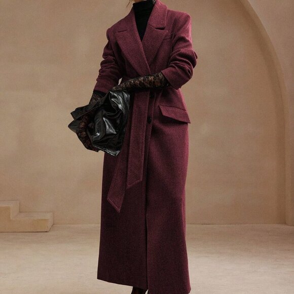 Burgundy Elegant Women's Grey Midi Length Belted Notched Collar Wool Coat - Picture 1 of 6